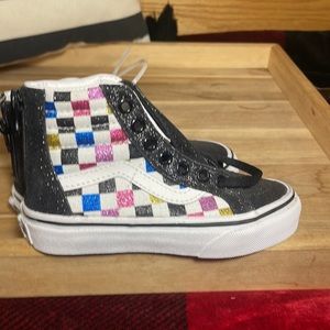 Kids Vans Hi-top SK-8 , back zip. Size 10.5(EU 27). Checkered , black, glitter
